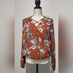 Rue 21 Rust Floral crisscross front top PTP 21" L 23" W 16-23"